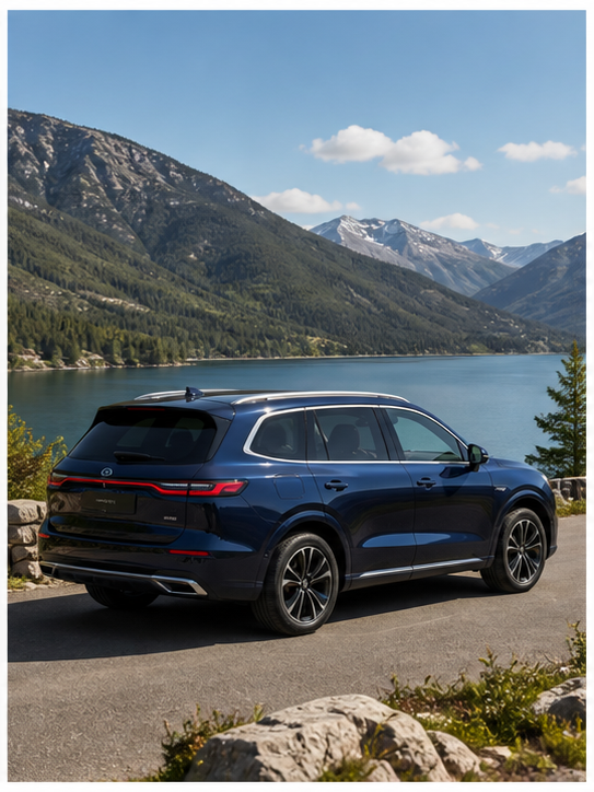 蓝色家用 SUV 停在湖边山路